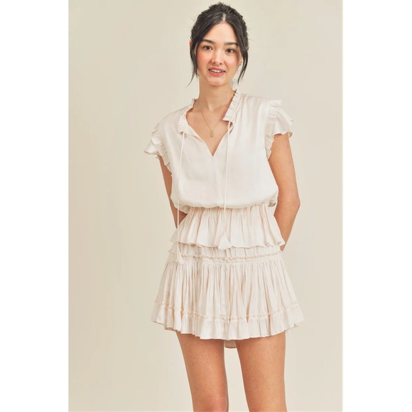 Reset By Jane Dresses & Skirts - RESET BY JANE Sz L Claire Ruffle Tiered Mini Dress Satin Tie Neck Champagne Boho